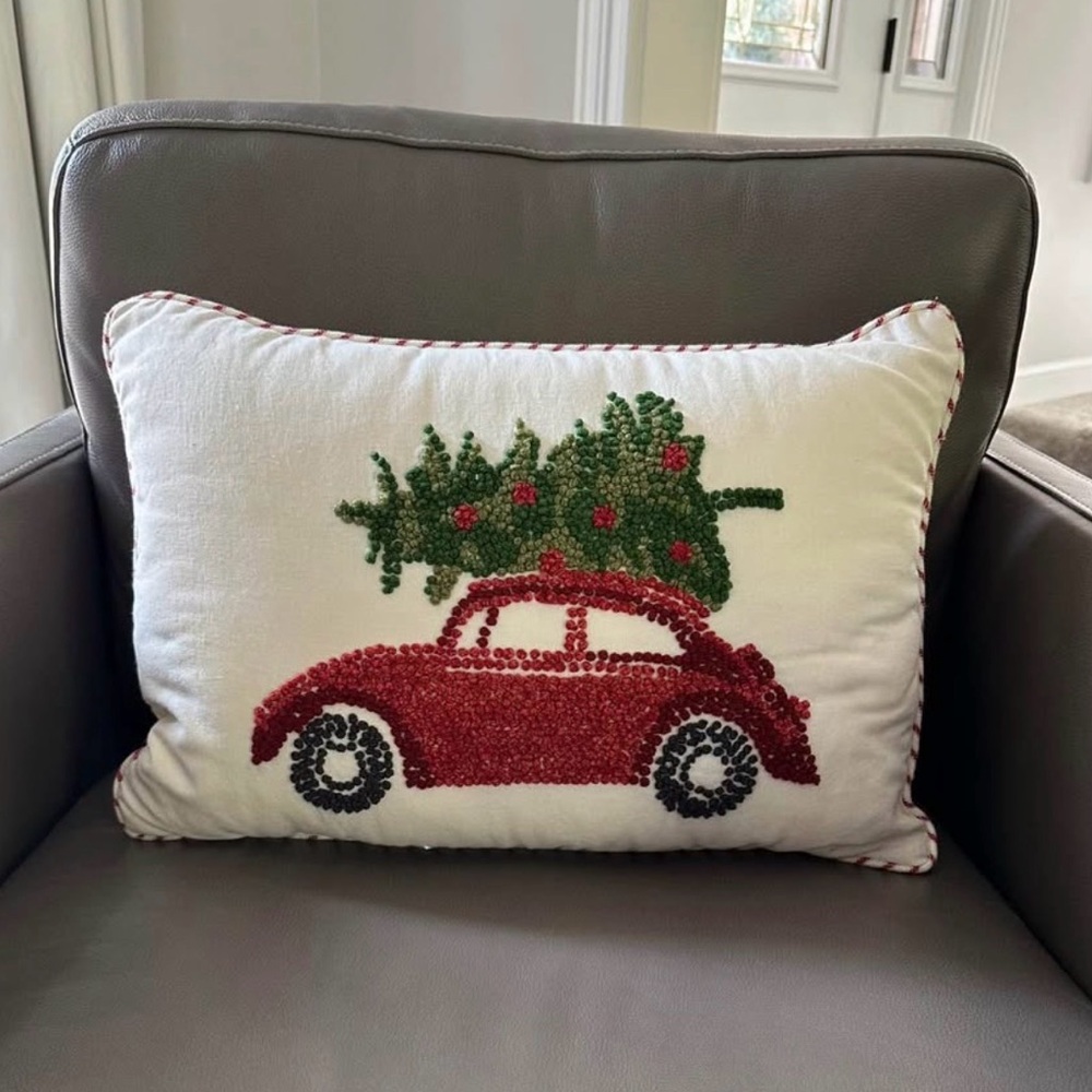 Vintage Red Car/Christmas Tree Throw Pillow